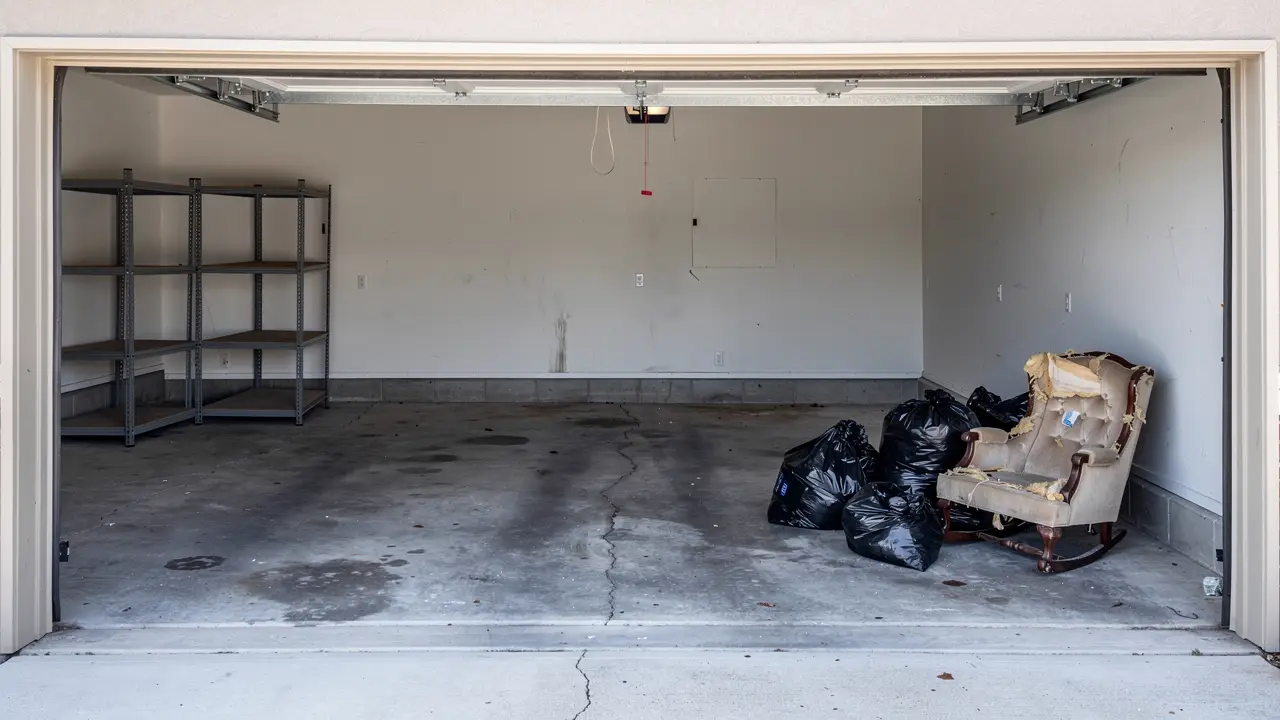 A swept-out garage with bagged junk and an old armchair by the door