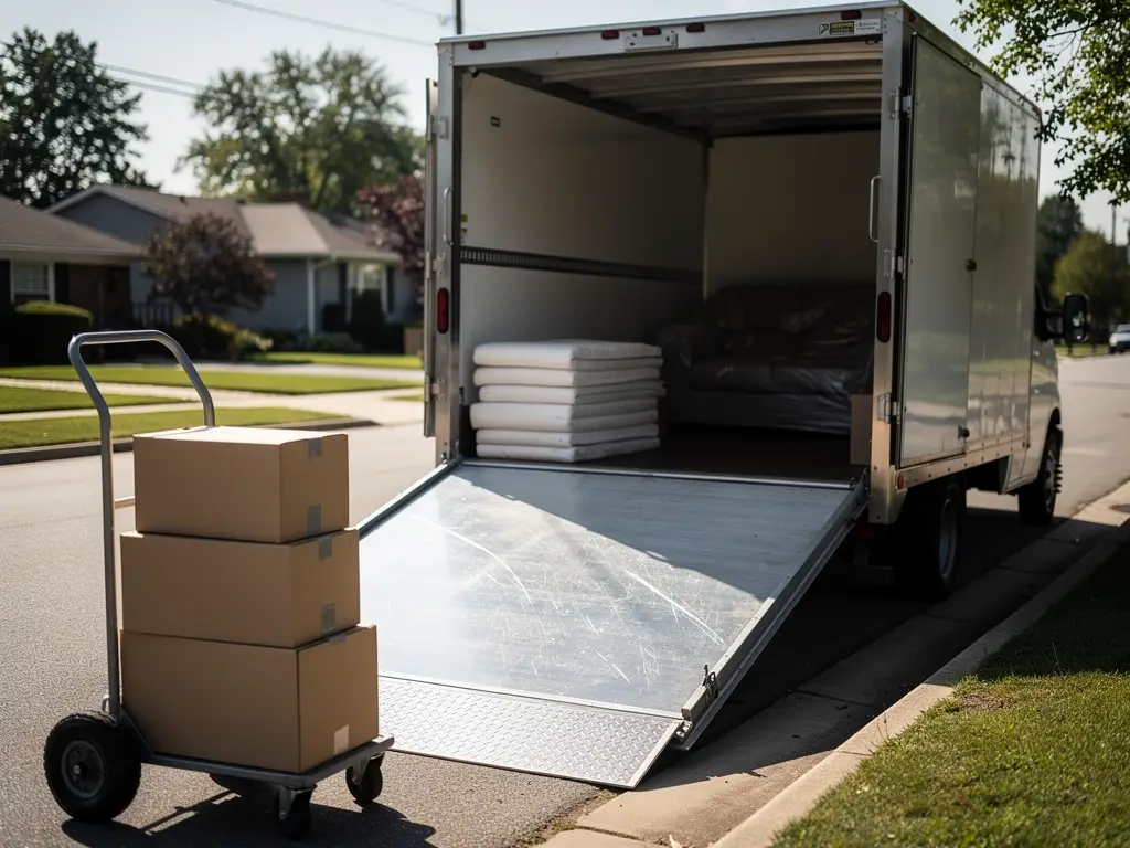 A rental truck with its loading ramp down and a hand truck of boxes at the curb