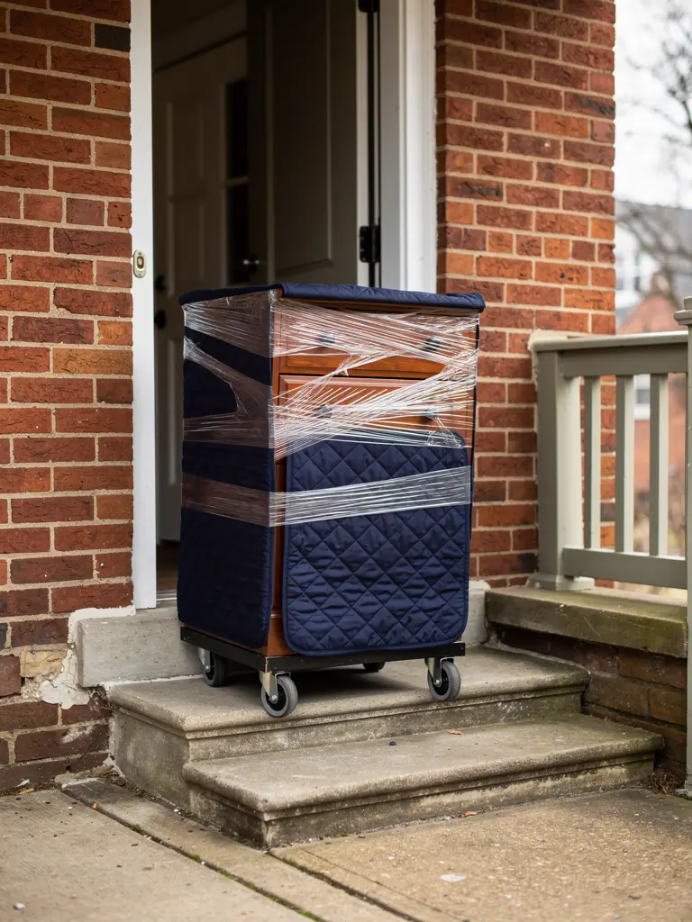 A dresser wrapped in a navy quilted moving pad on a dolly at a brick townhouse door