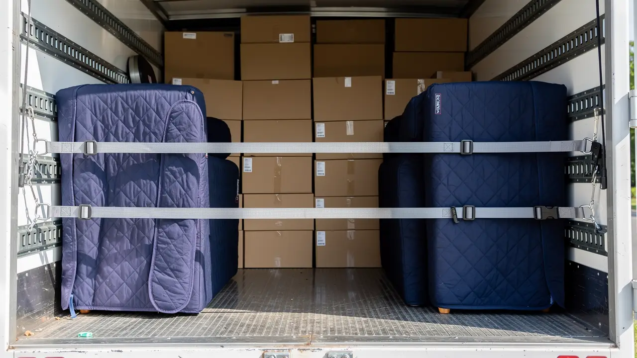 Padded furniture and sealed boxes strapped tight inside a moving truck