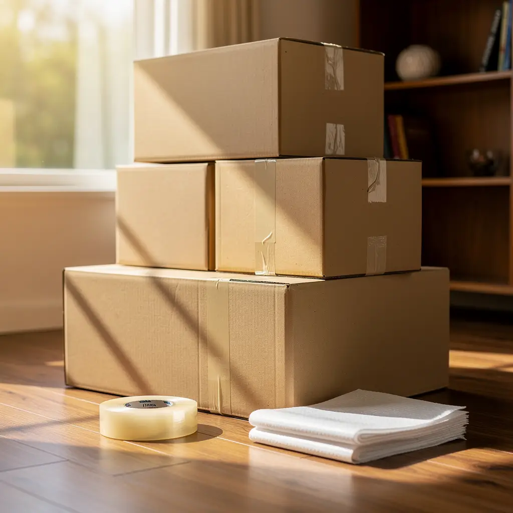 Taped moving boxes stacked on a hardwood floor beside packing tape and paper